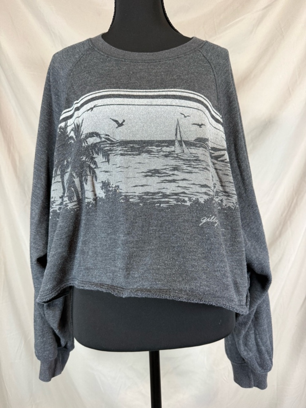 Gilly Hicks Cropped Graphic Sweatshirt - Beach Scene - Gray - Medium